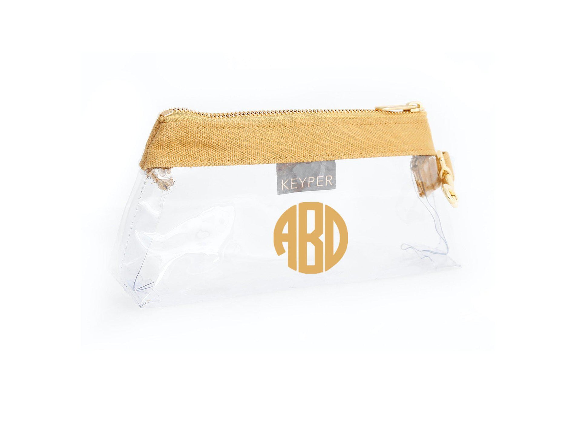 Beige canvas clear monogrammed wristlet by KEYPER