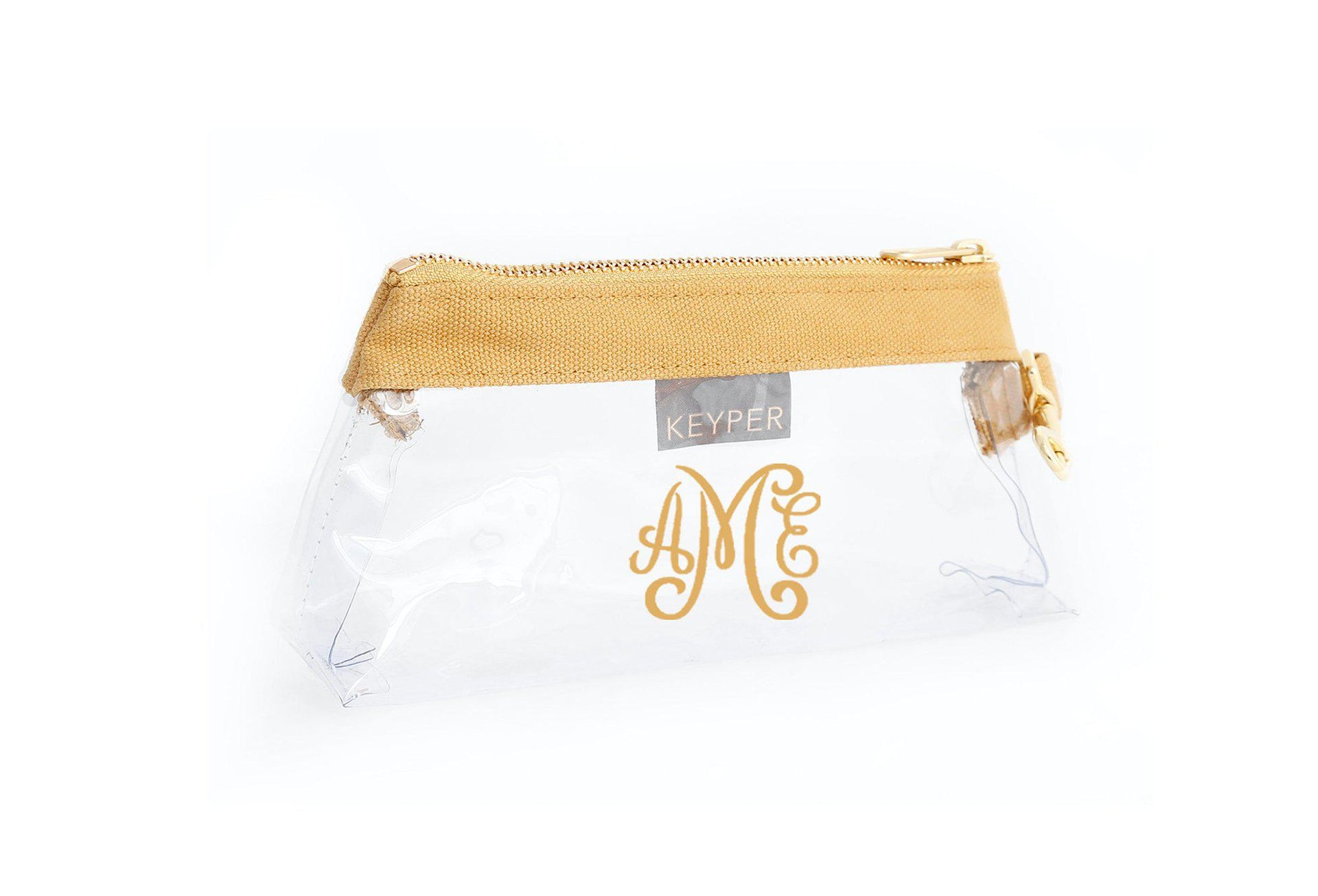 Beige canvas clear monogrammed wristlet by KEYPER