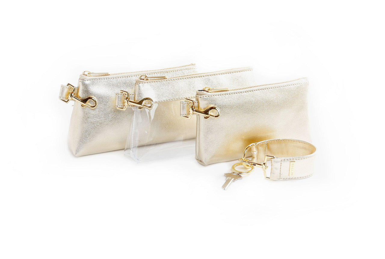 clutch purse, travel purse, key ring bracelet, premium leather, clear bag pouch, Wristlet Set