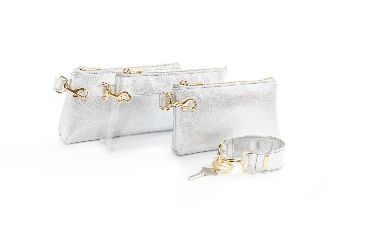 clutch purse, travel purse, key ring bracelet, premium leather, clear bag pouch, Wristlet Set