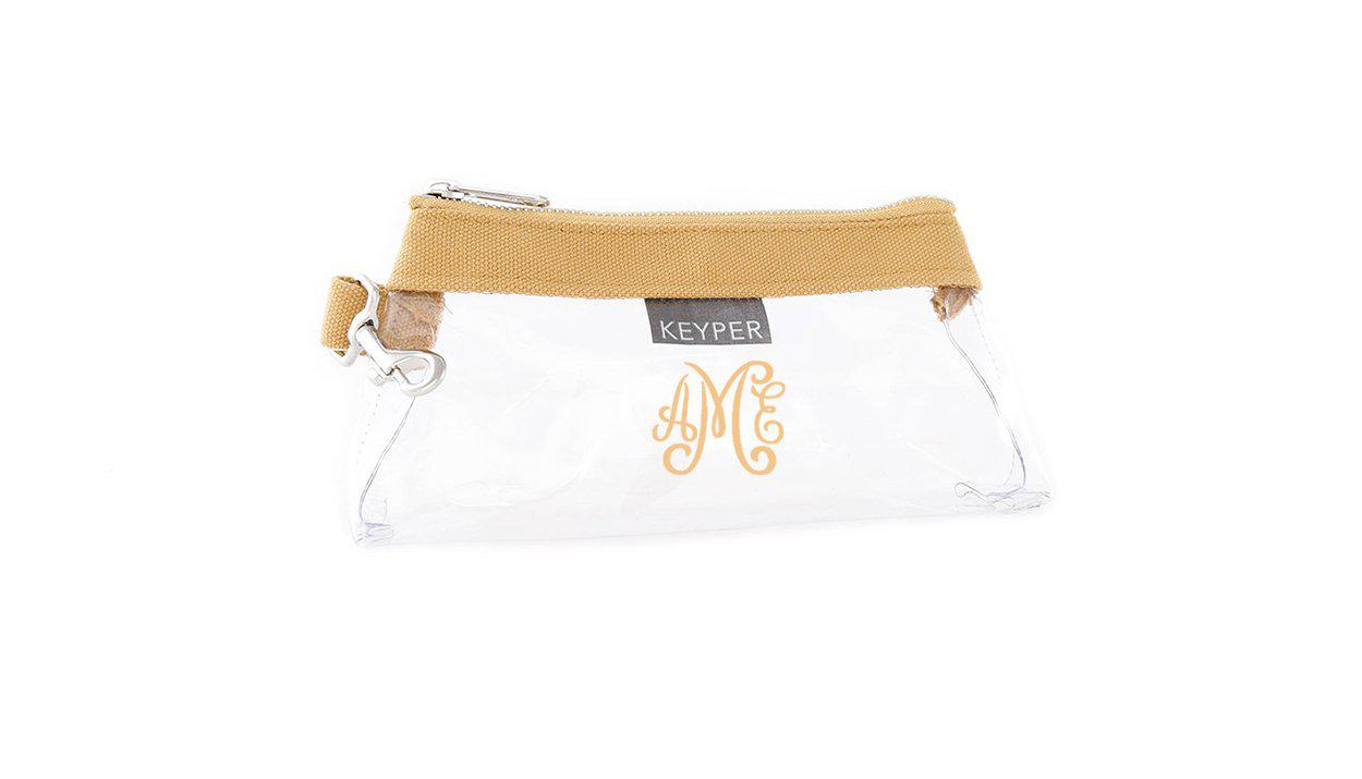 Beige canvas clear monogrammed wristlet by KEYPER