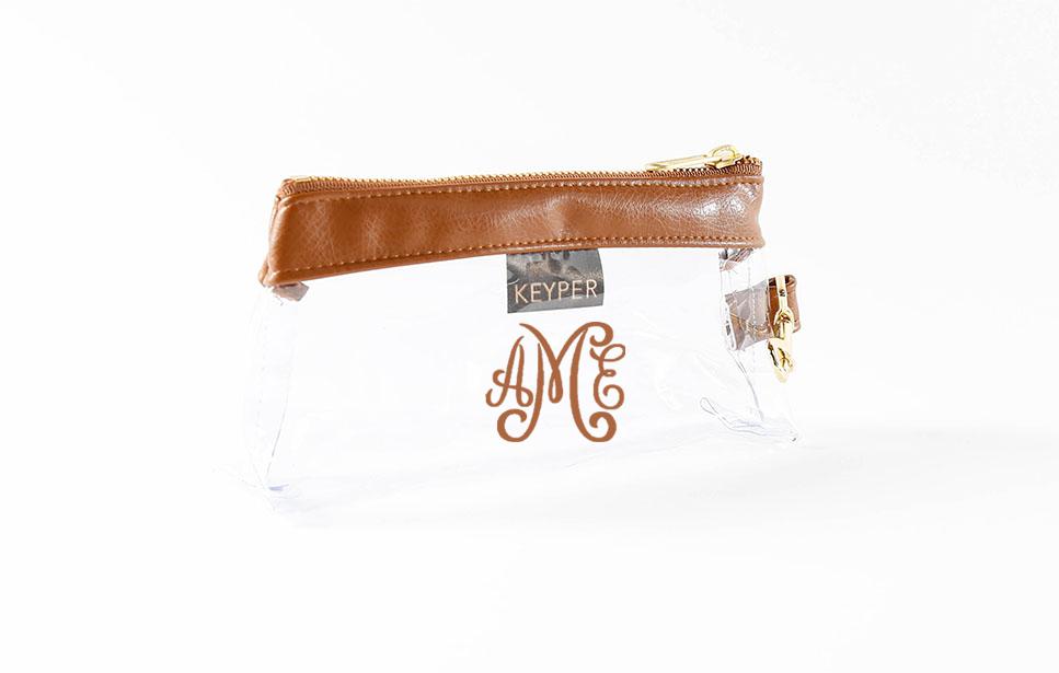 Saddle Brown Vegan Leather CLEAR Bag with monogram
